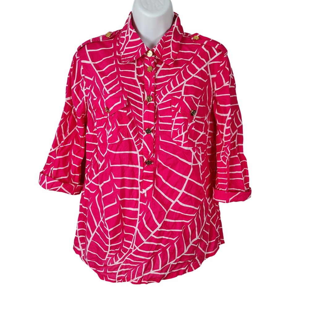 Tory Burch Pink White Geometric Cotton Button Up Shirt Epaulets Size 10 flaw